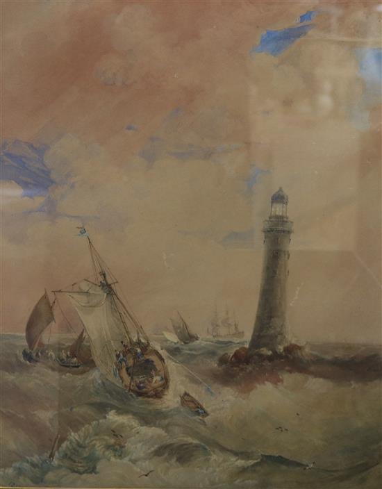Samuel Owen (1768-1857) Fishing boats beside a lighthouse 41 x 32cm